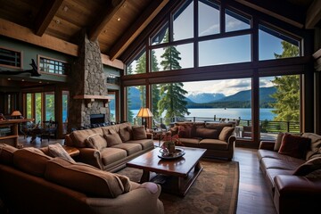A luxurious mountain lake vacation home with breathtaking views and comfortable seating. Generative AI