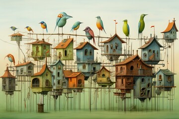 A depiction of avian creatures, multiple keys, and a line of residences. Generative AI
