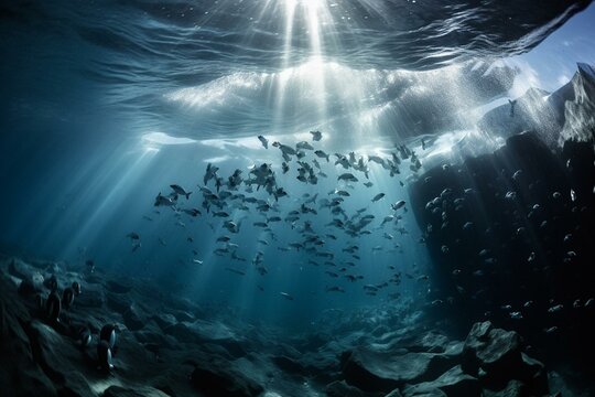 Stunning photo of icy underwater scenery teeming with penguins, fish, and icebergs. Generative AI