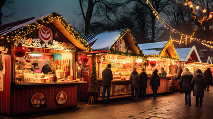 An outdoor Christmas market bustles with stalls selling crafts and treats. The photography captures the colorful array of goods and the joyful expressions of visitors.