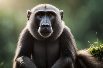 close up of a baboon sitting on the ground