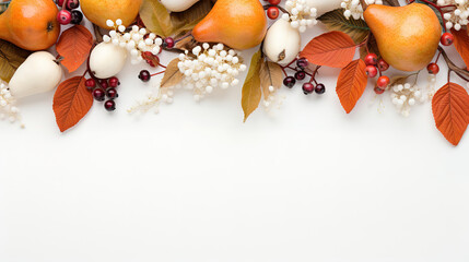 Naklejka premium Autumn floral frame, web banner, Garland of berry eucalyptus leaves, branches, pear fruit. Generative Ai