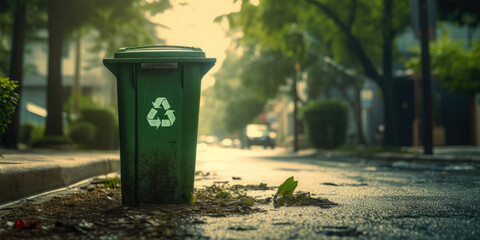 Green Trash Can For Recycling In The Middle Of A Dirty Street Created With Artificial Intelligence