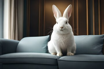 white rabbit sitting on the couch