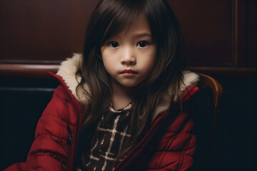 Portrait of cute little girl looking at camera, Closeup portrait of asian elementary school student