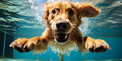 Golden Retriever Puppy Playing in Swimming Pool on Summer Vacation
