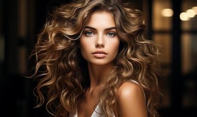 Fototapeta premium Modern Beauty with Long Curly Hair in Close Up Portrait