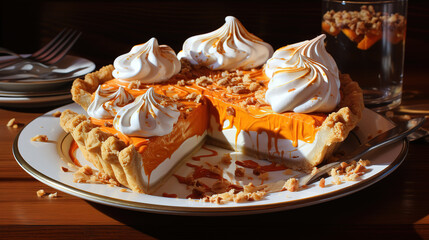 Pumpkin pie with whipped cream, Bright color. Generative Ai - obrazy, fototapety, plakaty