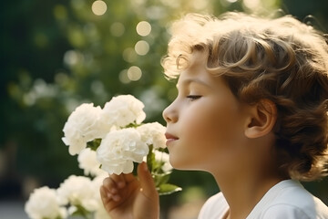 Portrait of cute kid smelling a flower in a summer day park, beauty and child smell flower in park, enjoying weekend - obrazy, fototapety, plakaty