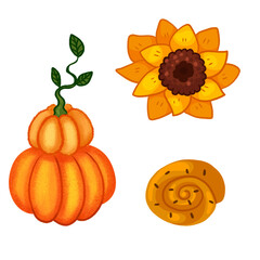 Autumn bundle of cute and cozy design elements. Pumpkin, sunflower and bun. A set of hand-drawn autumn illustrations.