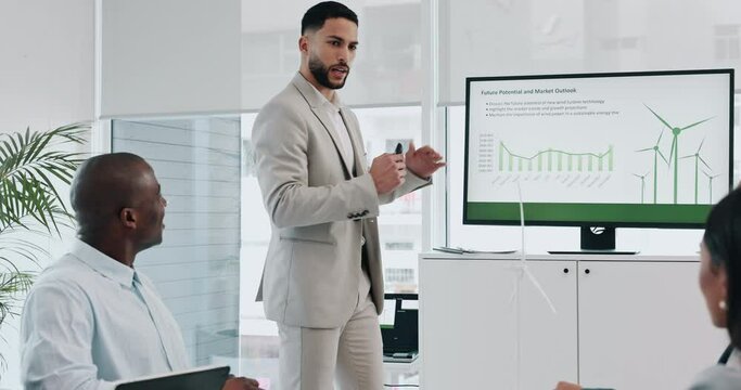 Business man, windmill presentation and screen in office for innovation, energy or sustainable future. Engineering consultant, leader and team for brainstorming, wind power and electricity on monitor