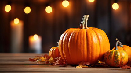 Photo fresh pumpkin in interior wooden room on forged chair. Generative Ai