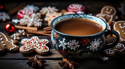 Christmas food baking cookies sweets. Cup of coffee or cocoa. Merry christmas and happy new year. Festive background. generative ai