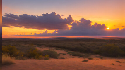 Desert /Valley at Sunset: Orange-Red Sky Paints a Breathtaking Landscape with Majestic Beauty