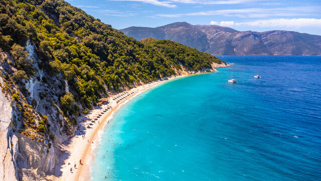 Aerial view of the paradise beach of Gidaki on the island of Ithaki or Ithaca in the Ionian sea in the Mediterranean sea of Greece