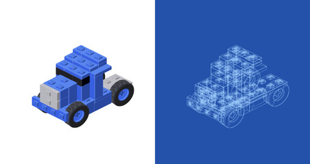Blue truck concept in isometric style for print and decoration. Vector illustration.