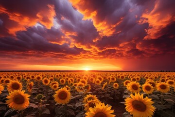 Sunflowers field and sunset sky with colorful clouds. Beautiful agriculture field with yellow flowers. Rural landscape in south of Ukraine.