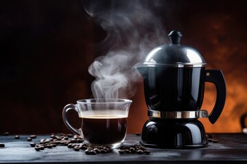 Kettle and glass coffee cup on dark background, scattered coffee beans