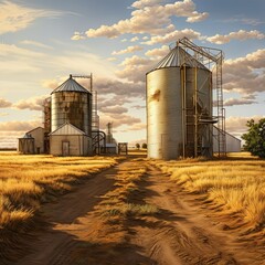 Stocks of grain in granaries. Agriculture, grain deal concept, metal grain storage stands in a field