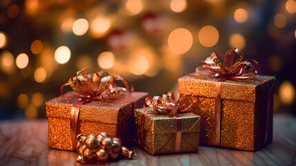 Golden gift boxes christmas decoration ornament with bokeh blurred background