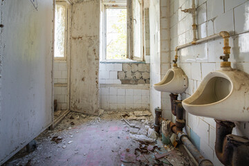Abandoned Mens Toilet with Urinals at Duga Radar Control Center - Chernobyl Exclusion Zone, Ukraine