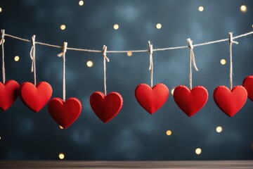 Valentine's day background. Red hearts hanging over rope on grey - Powered by Adobe