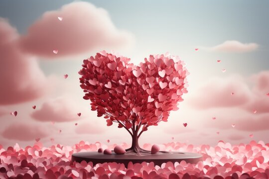 Pink heart shaped tree illustration with pink hues for Valentine day.