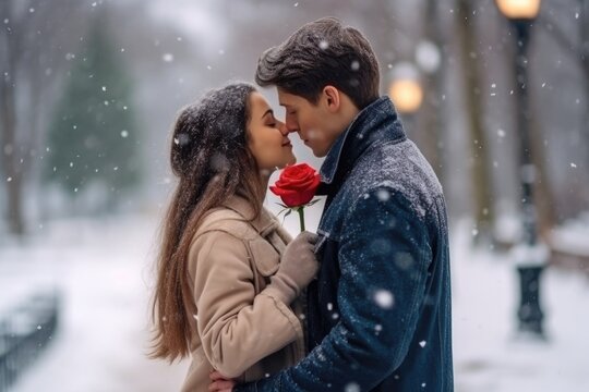 In love couple kissing in snow at city street. Handsome man and beautiful young woman with red roses, outdoors portrait. Happy Valentine's day.