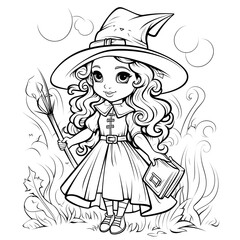 Coloring book for kids pages child witch and wizard, Generated AI