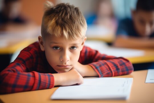 Bored schoolboy do task tired exhausted upset fatigued unmotivated little child boy kid pupil schoolchild lying on table desk writing homework boring class lesson education learning problems school