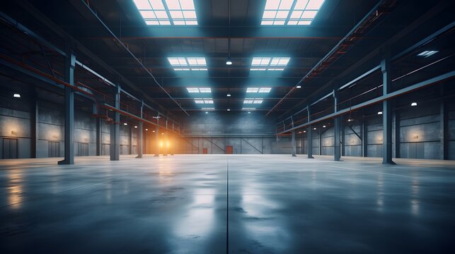 Empty warehouse building or factory hall ready for manufacturing. generative AI