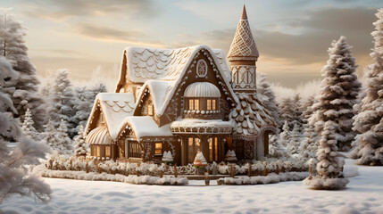 A meticulously crafted gingerbread house sits amidst a snowy landscape. The image captures the intricate details of the gingerbread structure. - obrazy, fototapety, plakaty
