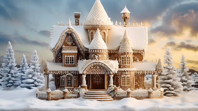 A meticulously crafted gingerbread house sits amidst a snowy landscape. The image captures the intricate details of the gingerbread structure.