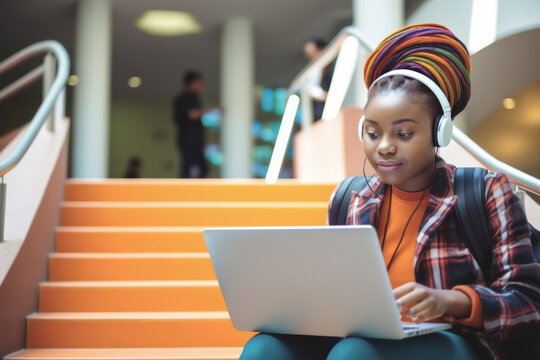 Young African American student woman with colorful braided hair is focused on writing on her laptop on the university stairs.copy space