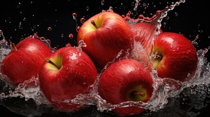 front view fresh red apple hit by splashes of water with black blur background