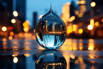 A Raindrop reflects city lights