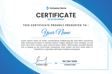 Blue certificate of achievement template with Blue Wave border. vector gradient elegant certificate template
