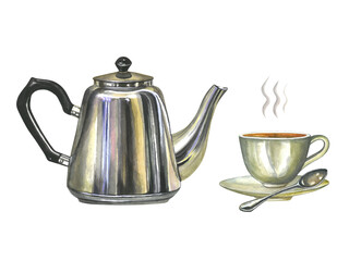 Watercolor illustration composition of metal teapot, porcelain cup of hot tea with saucer, spoon and steam isolated on transparent background, hand drawn