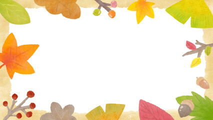 Background frame of autumn plants, autumn leaves, ginkgo and acorns, hand-drawn illustrations of textured colored pencils and crayons / 秋の植物の背景フレーム、紅葉やイチョウやどんぐり、質感のある色鉛筆・クレヨンの手描きイラスト