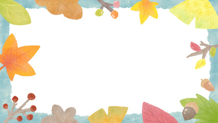 Background frame of autumn plants, autumn leaves, ginkgo and acorns, hand-drawn illustrations of textured colored pencils and crayons / 秋の植物の背景フレーム、紅葉やイチョウやどんぐり、質感のある色鉛筆・クレヨンの手描きイラスト