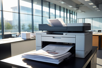 A printer that prints out work documents in the office. Personal computer concept suitable for presentations and materials. - obrazy, fototapety, plakaty