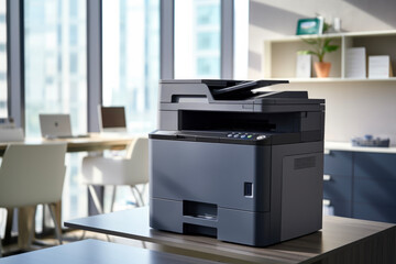 A printer that prints out work documents in the office. Personal computer concept suitable for presentations and materials.