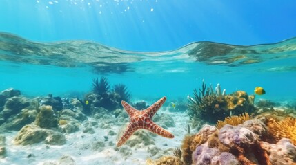 Coral reef with starfish and colorful tropical angle Caribbean ocean
