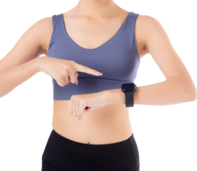 Closeup hands young asian woman looking and pointing smartwatch for exercise and aerobics with cardio, female looking smart watch while workout, sport concept.