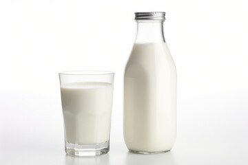 Milk in glass bottle and in glass isolated on white background