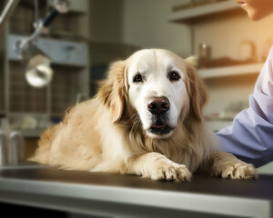 Female veterinarian examining a cute dog at a clinic. Concept of dogs and pets heath and care. Shallow field of view or blurred background.
