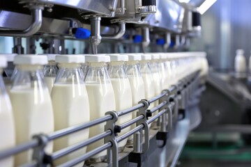 Filling milk or yoghurt in to plastic bottles at factory. Equipment at dairy plant.