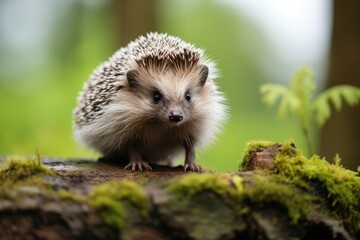 Cute adult hedgehog in summer or autumn forest. Young beautiful hedgehog in natural habitat, outdoors in nature.