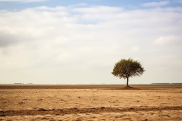 Single tree on drought desert ground against dramatic sky. Impact of deforestation. illustration with copy space.