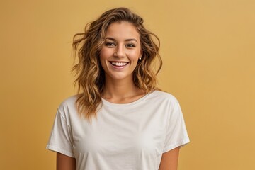 Young happy surprised caucasian smiling woman 20s wear white casual t-shirt on workspace area copy space mock up isolated on yellow orange color background studio portrait